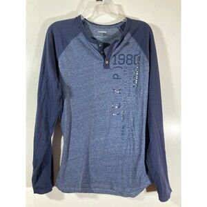 Express Long Sleeve Henley 3-Button Shirt Raglan Sleeve with Graphic (L) Blue